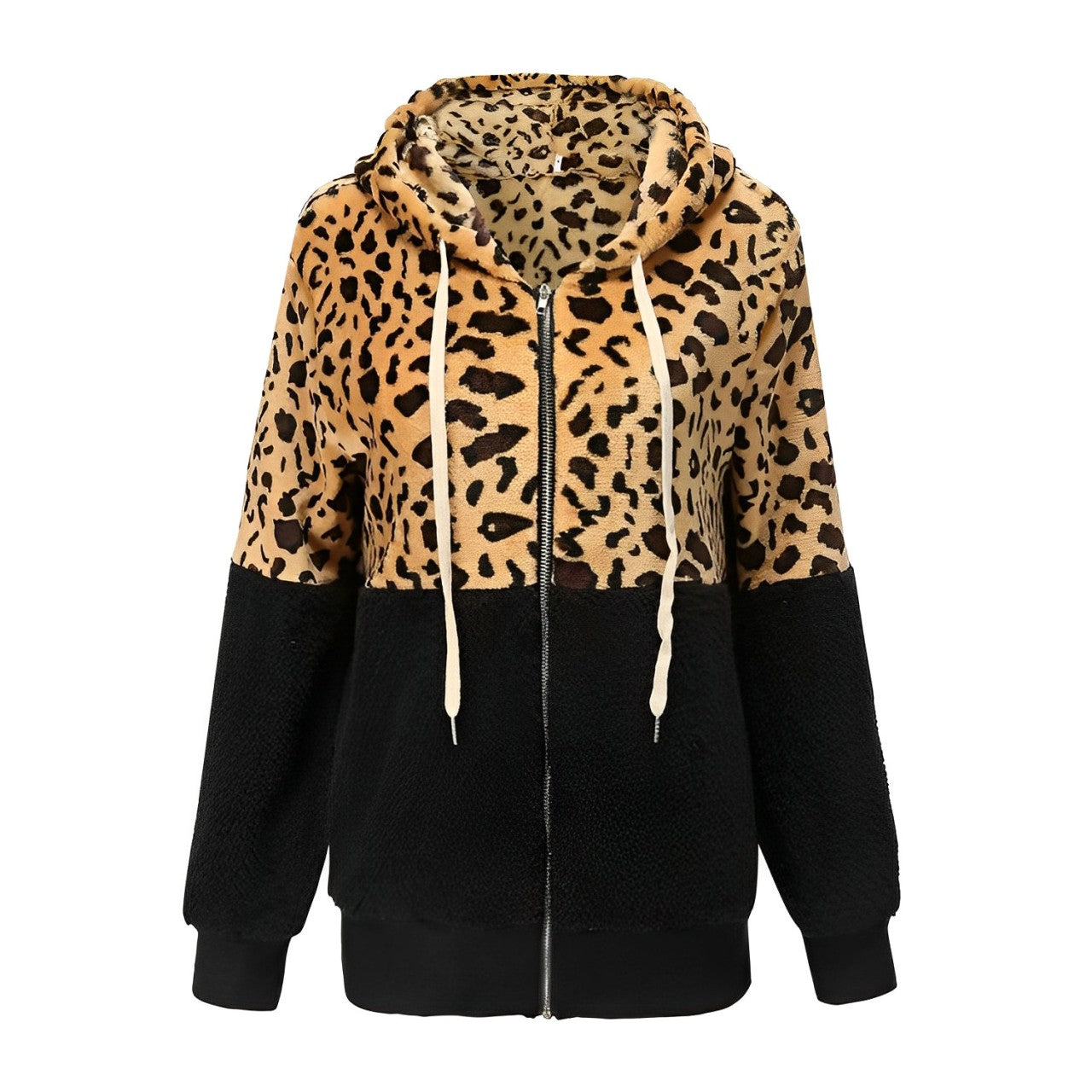 Liesel | Women’s Leopard Print Hoodie Jacket – Fleece, Patchwork Design, Stylish & Warm