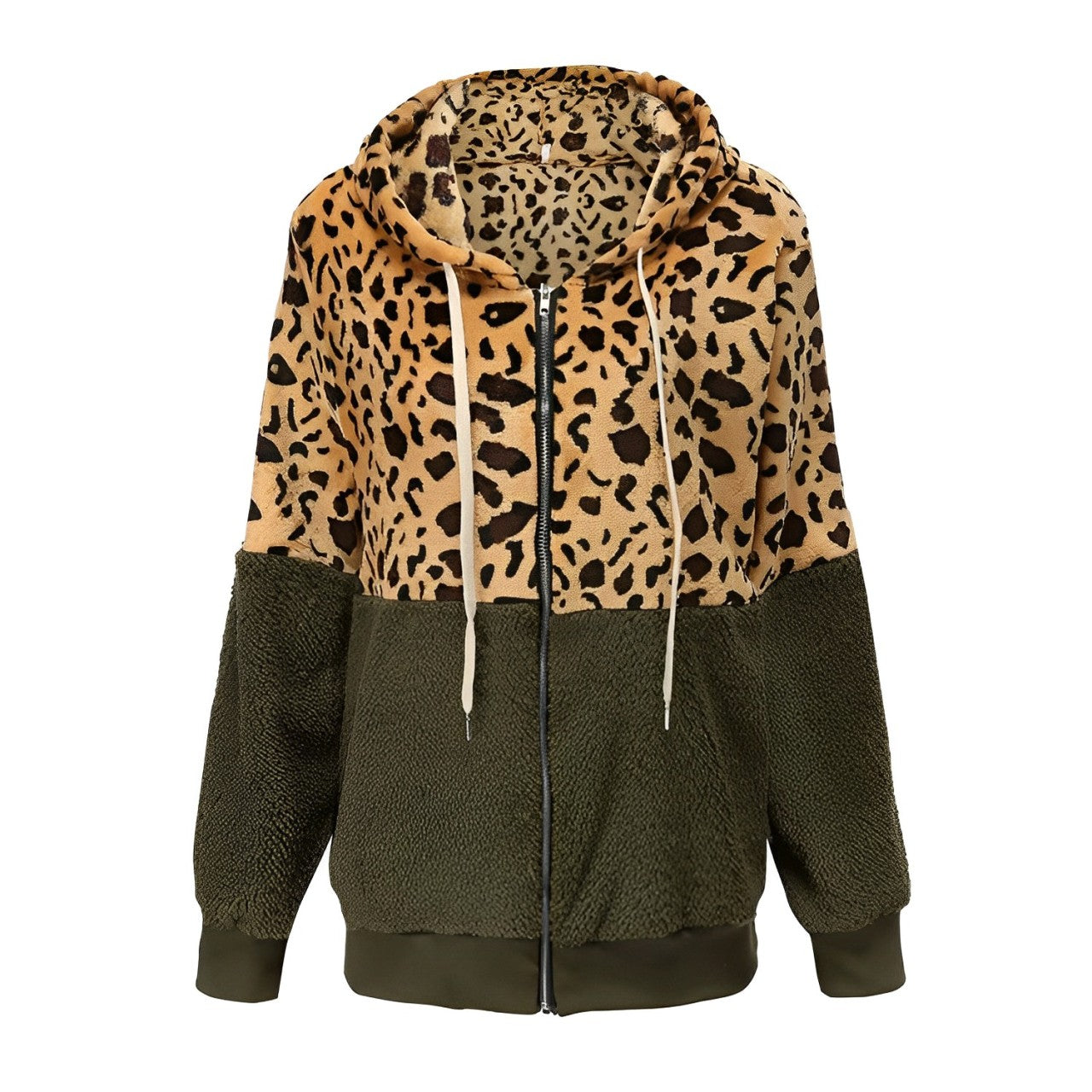 Liesel | Women’s Leopard Print Hoodie Jacket – Fleece, Patchwork Design, Stylish & Warm