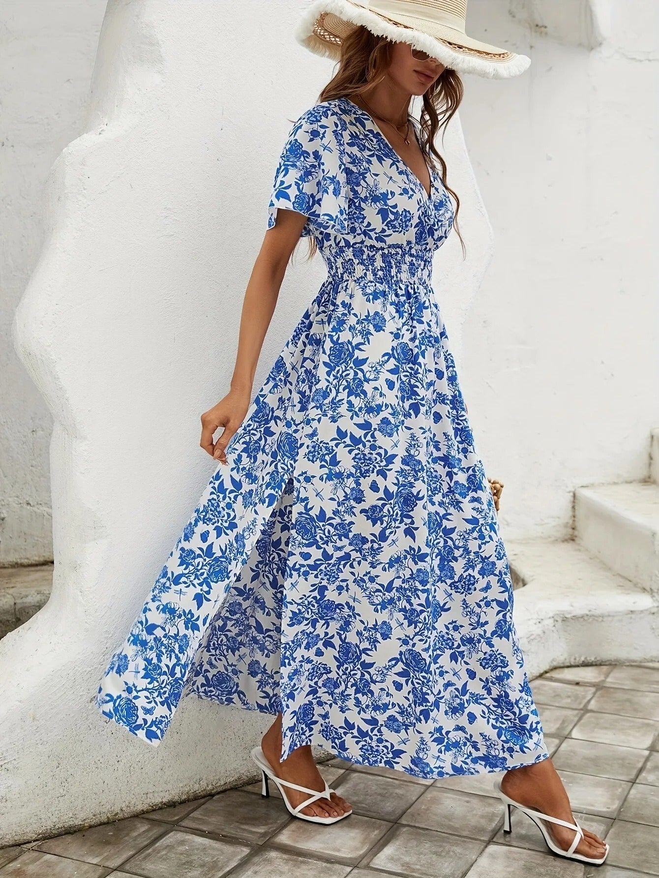 Marlowe | Floral Maxi Dress with V-Neck, Cinched Waist & Side Slit – Boho Elegance for Summer Days