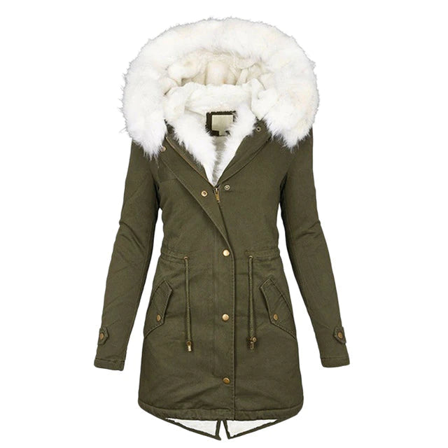 Priscilla | Women’s Long Winter Parka with Fur Hood, Zip & Drawstring Waist