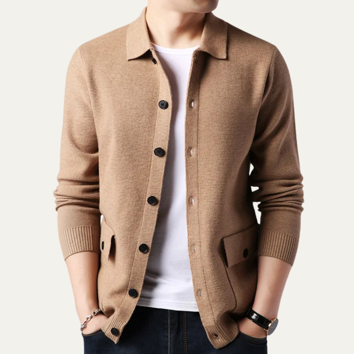 The Skye Men's Knit Button Cardigan with Turn Down Collar
