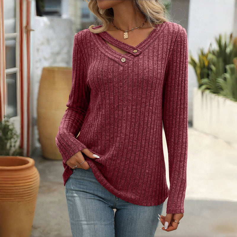 Angela | Women’s Solid Colour V-Neck Buttoned Sweater