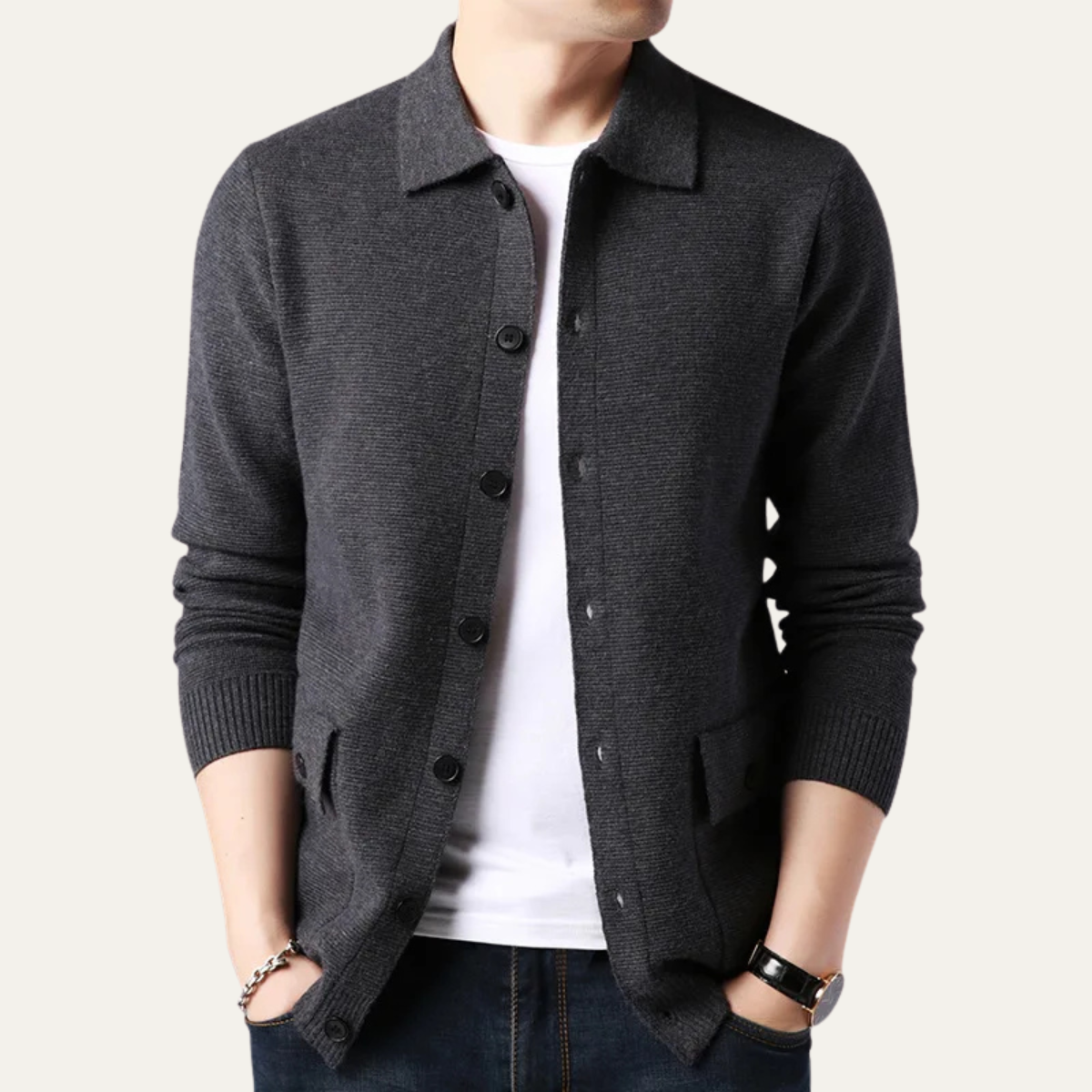 The Skye Men's Knit Button Cardigan with Turn Down Collar