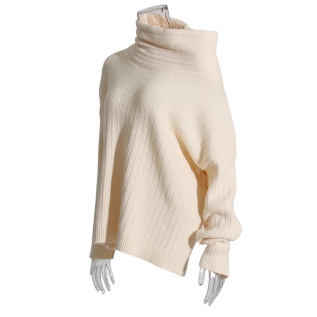 Sivora | Women's Ribbed Knit Sweater with Asymmetric Collar – Timeless & Cosy