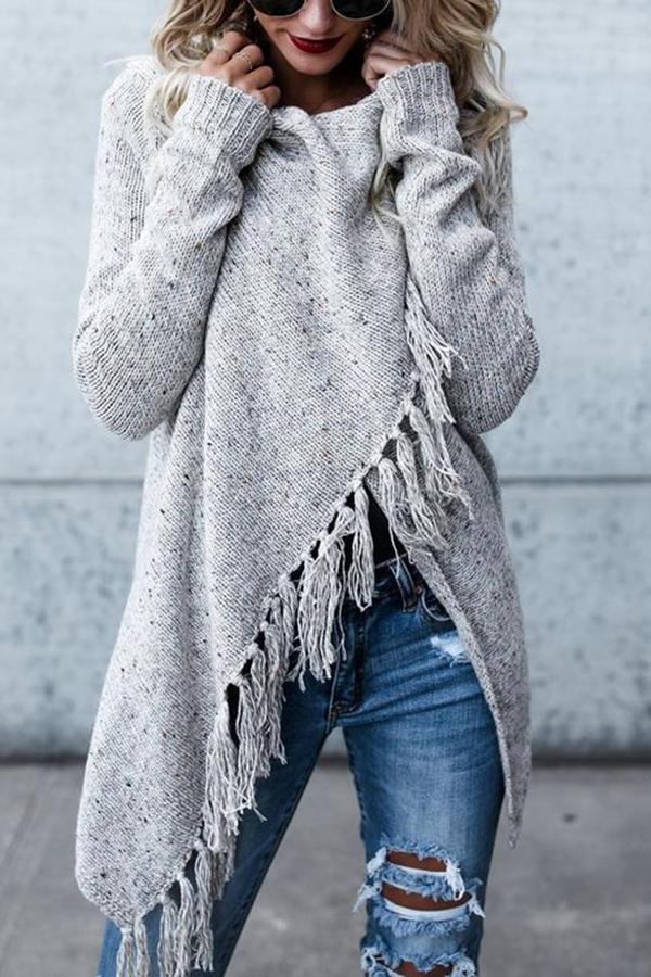 Celindra | Long Asymmetric Sweater with Trendy Fringes – Effortlessly Stylish