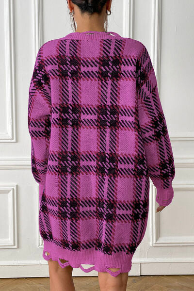 Quindra | Long Knit Sweater with Check Pattern and Relaxed Fit