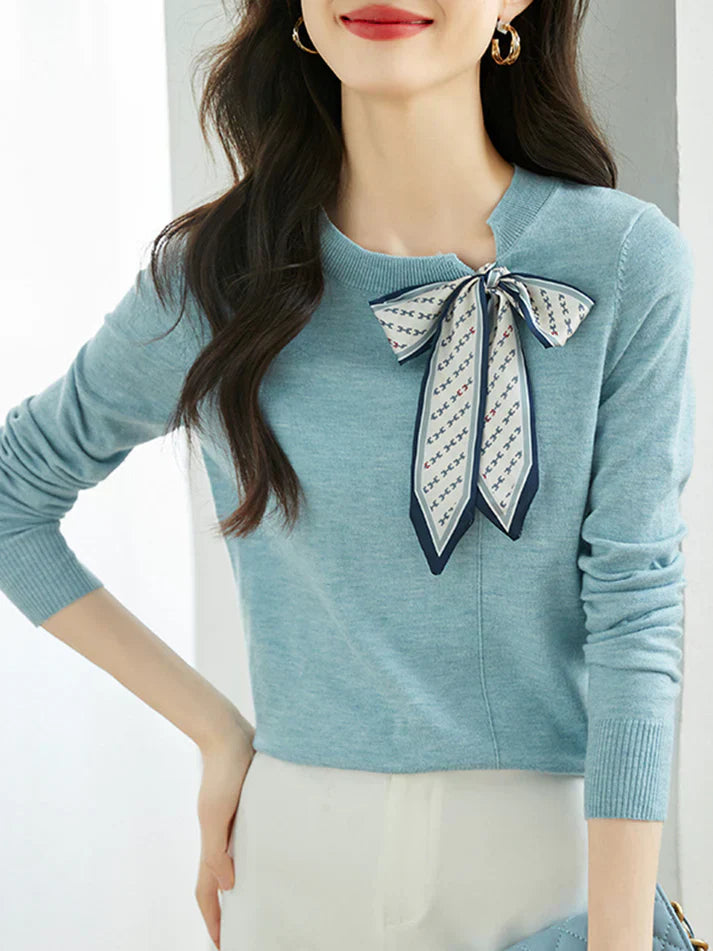 Heike | Women's Elegant Knit Sweater with Silk Scarf Collar Detail