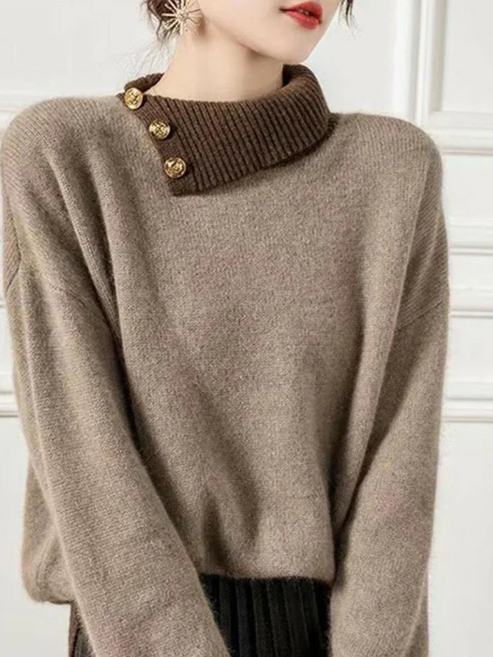 Inguna | Women's Brown Turtleneck Jumper with Button and Contrast Details – Casual Elegance for Any Occasion