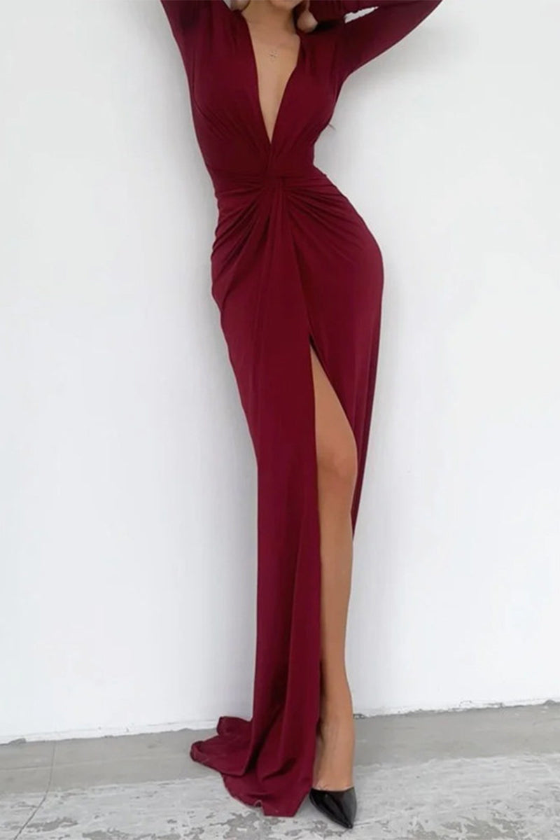 Indi | Elegant Deep V-Neck Bodycon Maxi Dress with High Slit & Cinched Waist