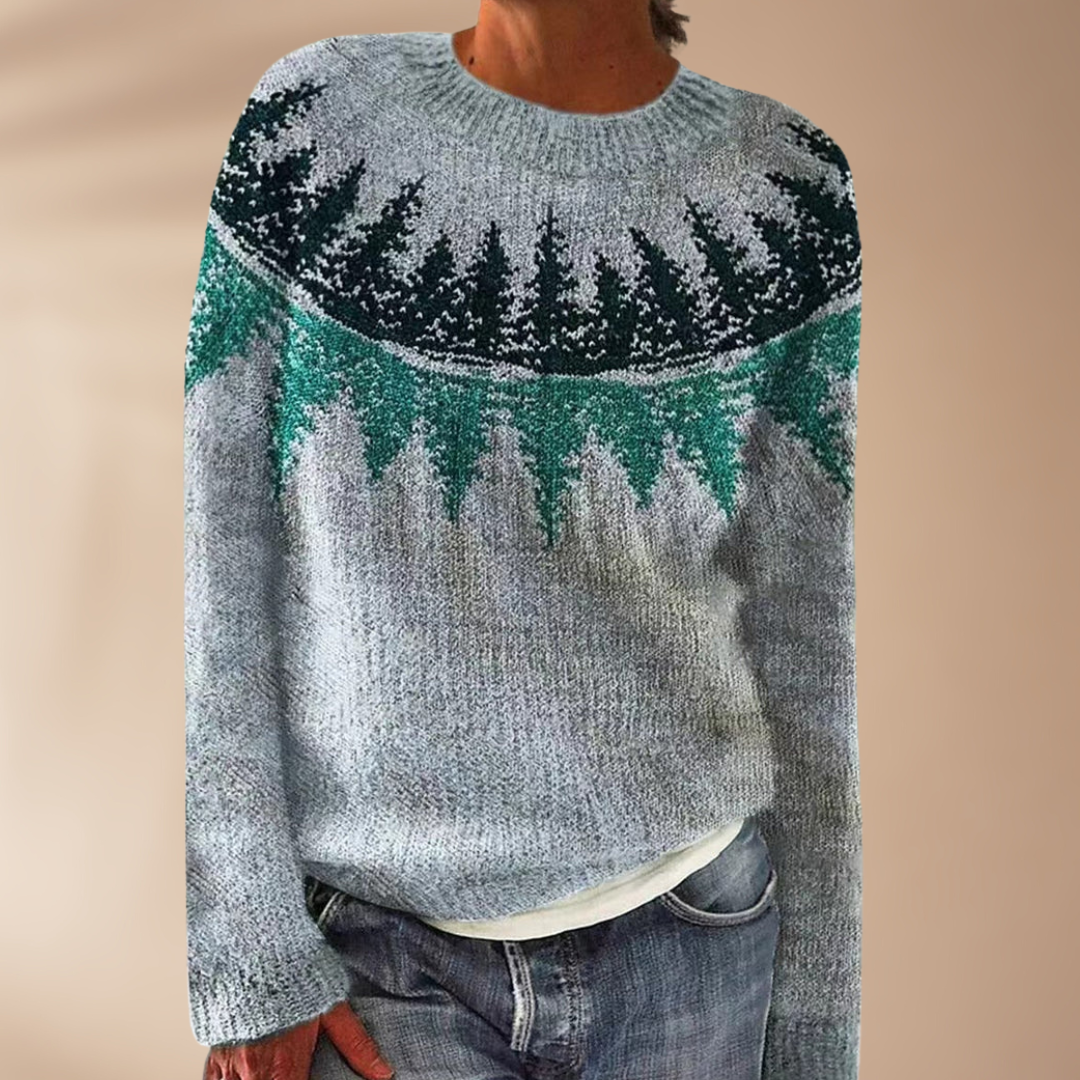 Frederica | Women's Grey Round Neck Sweater with Retro Print – Stylish, Warm, and Comfortable