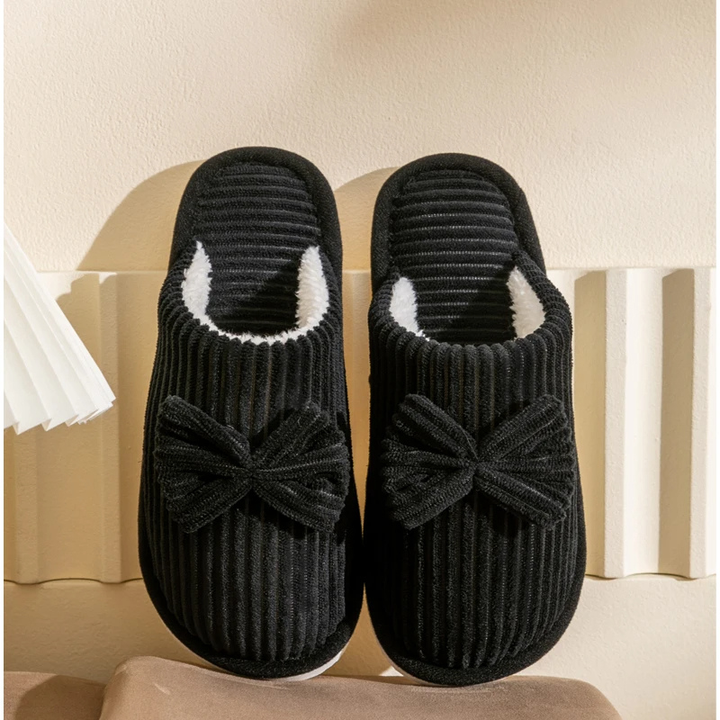 Donna | Women's Lightweight Ribbed Plush House Slippers with Ribbon Decor