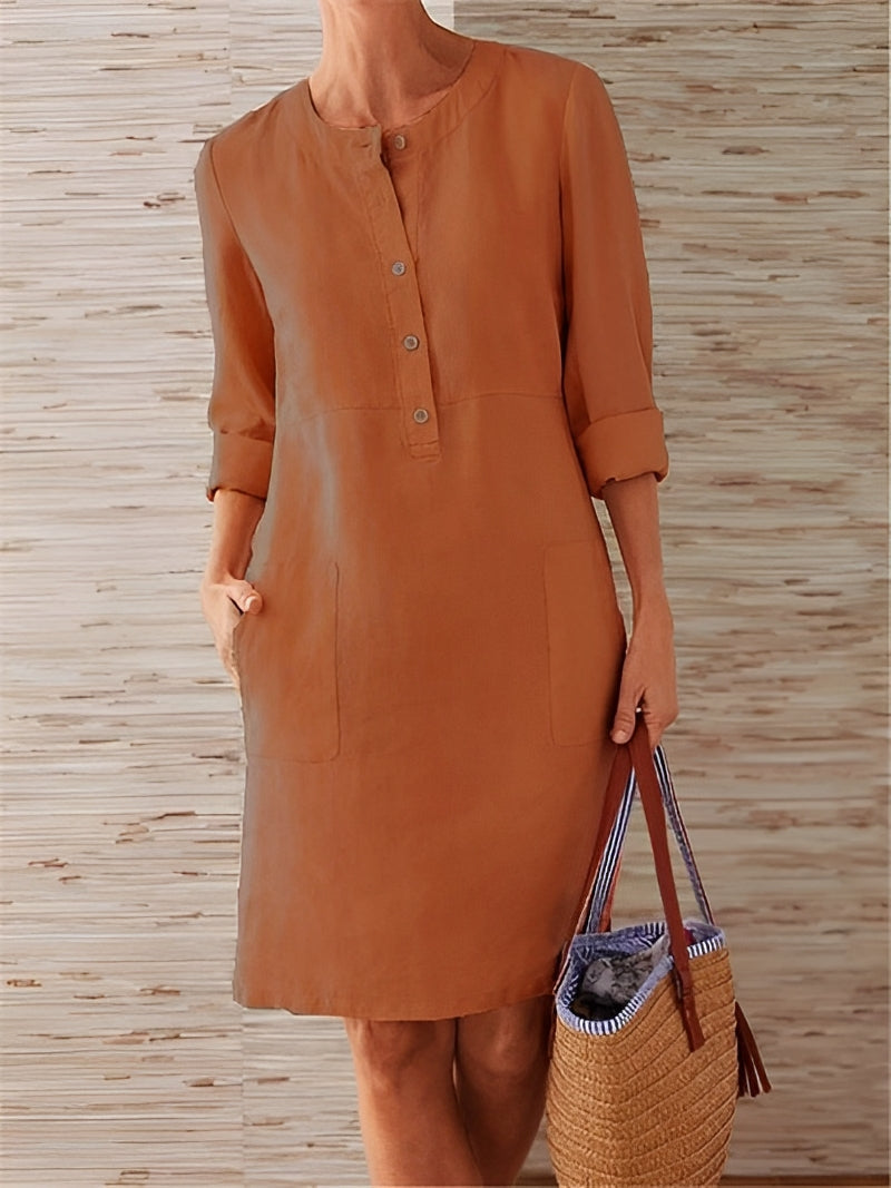 Morwena | Women’s Linen Long Sleeve Casual Dress with Pockets & Button Detail
