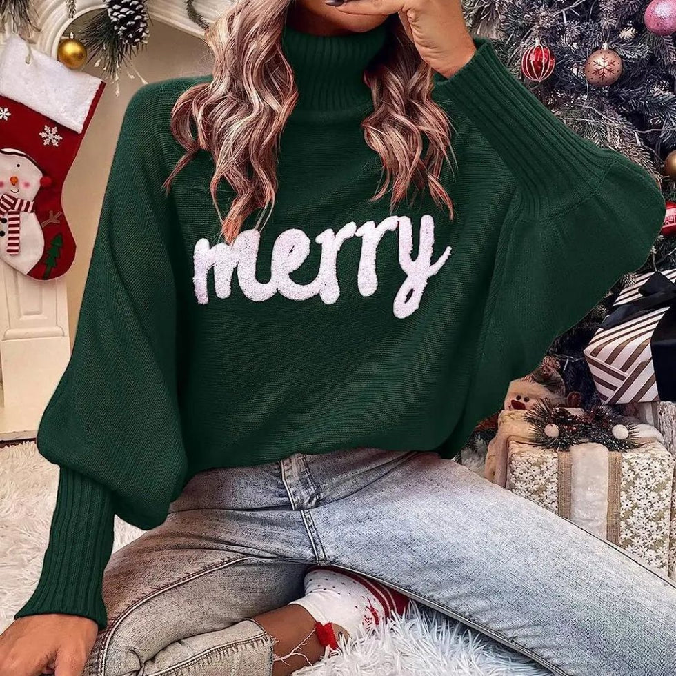 Katrin | Women's Turtleneck Loose Fit Knitted Sweater with Festive "Merry" Detail