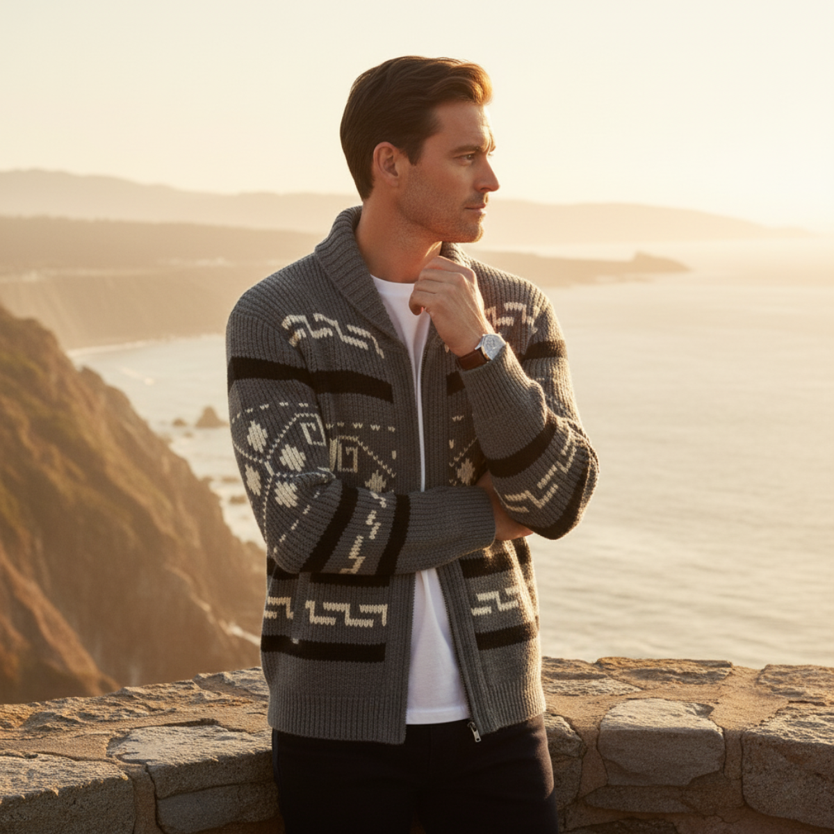 The Corvara Men’s Winter Shawl Collar Cardigan with Aztec Pattern