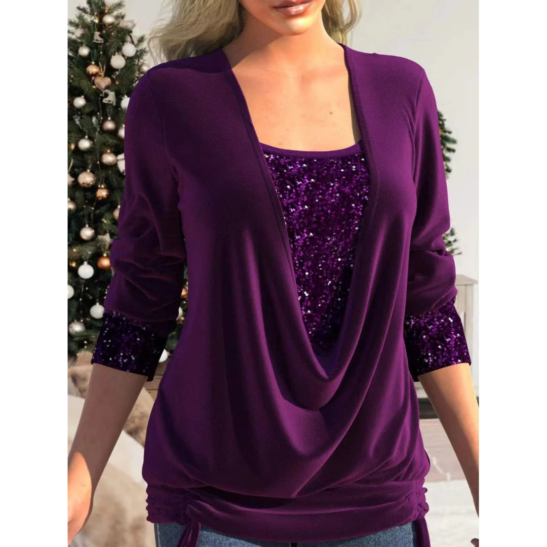 Petronelle | Women’s Elegant Sequin Long Sleeve Blouse with Adjustable Drawstring Hem