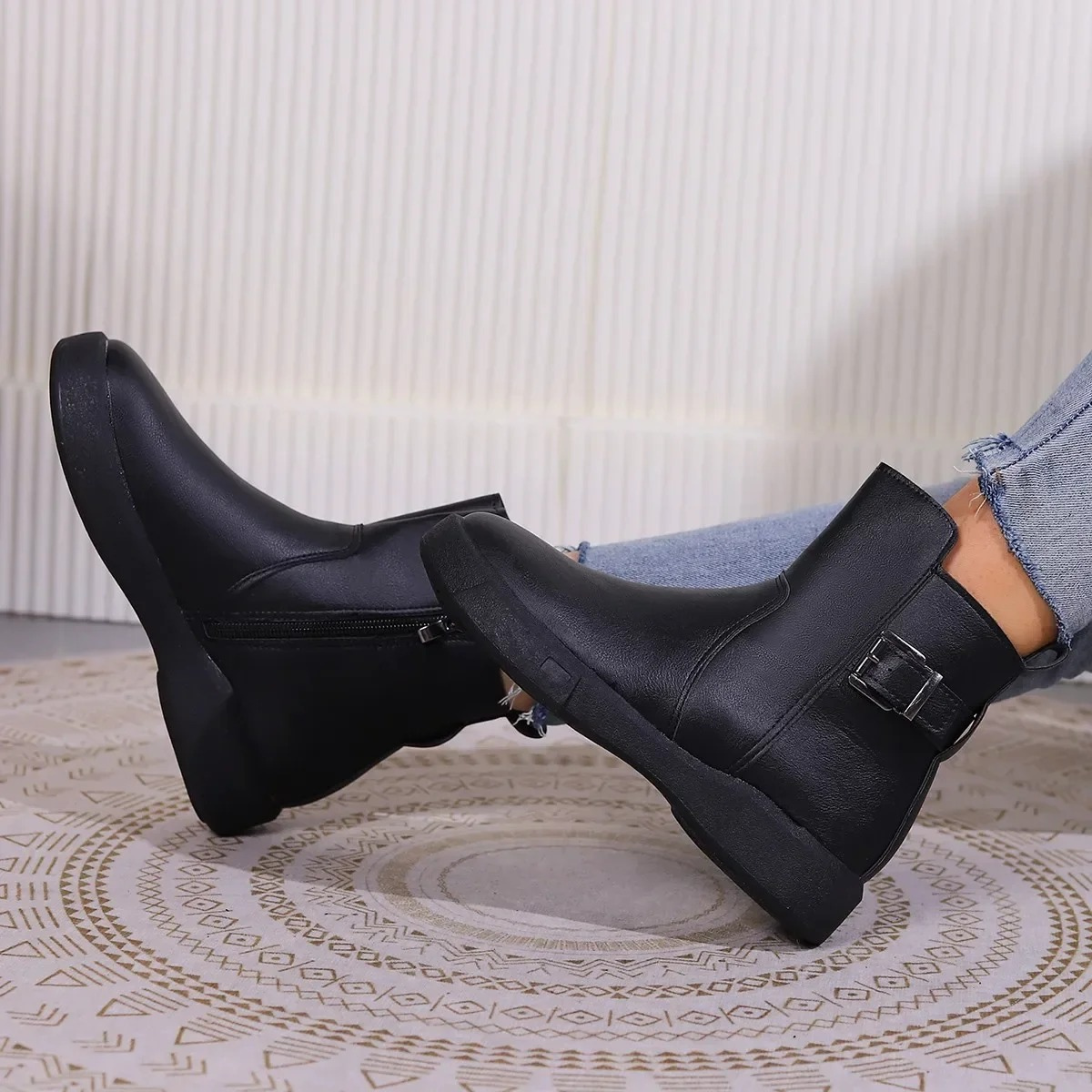 Adelisae | Women's Stylish Ankle Boots with Metal Buckle, Side Zip, and Durable Sole