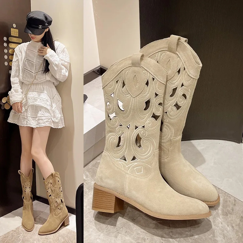 Ilerina | Stylish Suede Western Cowboy Boots with Cutouts for Women