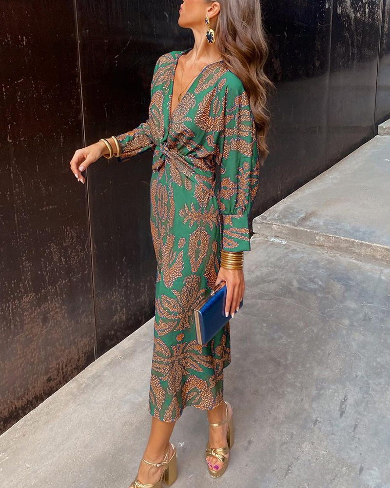 Virginia | Women's Elegant V-Neck Twisted Waist Long Sleeve Maxi Dress