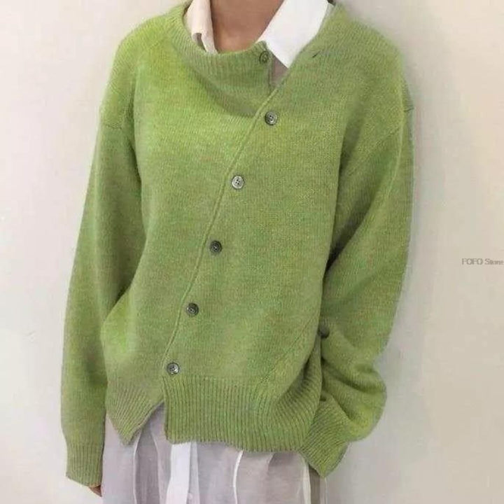 Emerentia | Women's Solid Colour Asymmetrical Button Knitted Cardigan