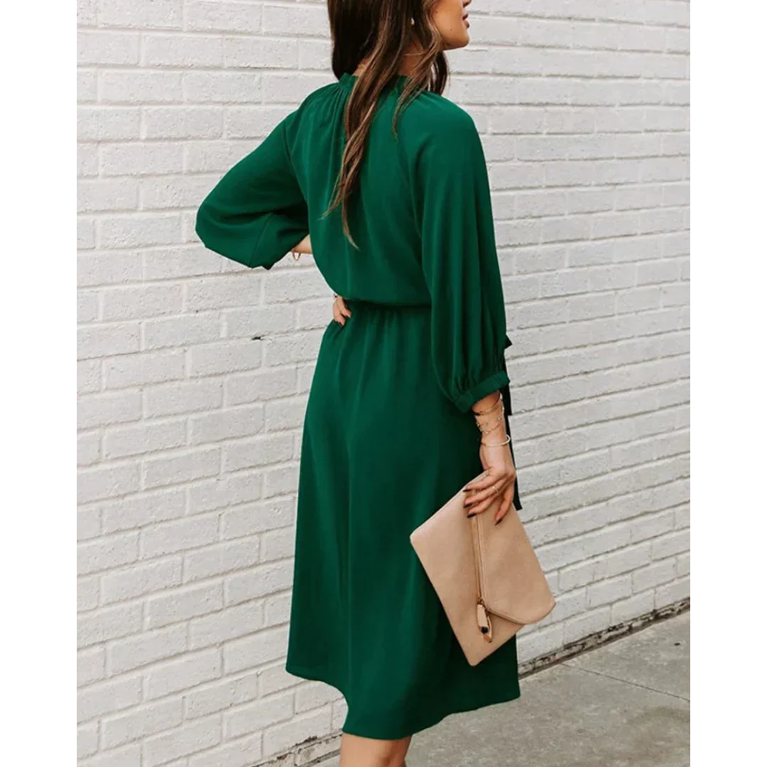 Delaney | Elegant Midi Dress with Tie Waist & Bishop Sleeves