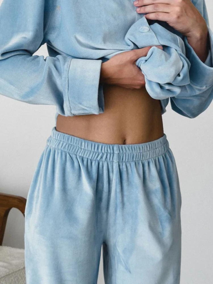 June | Women’s Blue 2-Piece Pyjama Set with Button-Up Shirt & Trousers