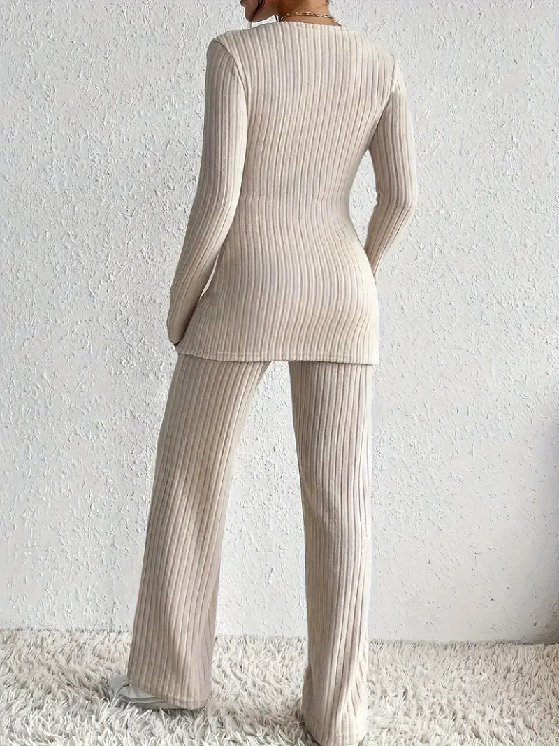 Augusta | Khaki Knit Set with Asymmetric V-Neck Top and High-Waisted Slim Fit Trousers