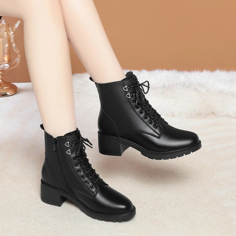 Zoraide | Women's Block Heel Winter Boots with Side Zipper & Lace-Up Design