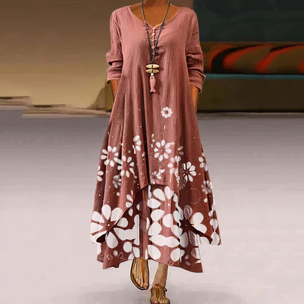 Kerith | Women's Floral Maxi Dress with Round Neck & Layered Hem
