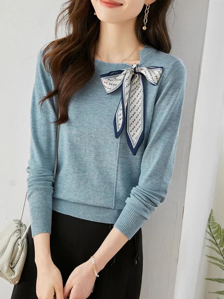 Heike | Women's Elegant Knit Sweater with Silk Scarf Collar Detail