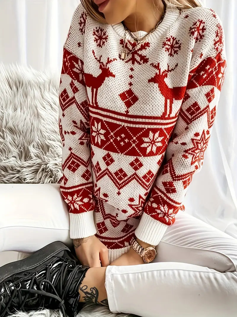 Jovelle | Women's Christmas Pattern Round Neck Sweater – Cosy Long Sleeve Knit for Winter Festivities