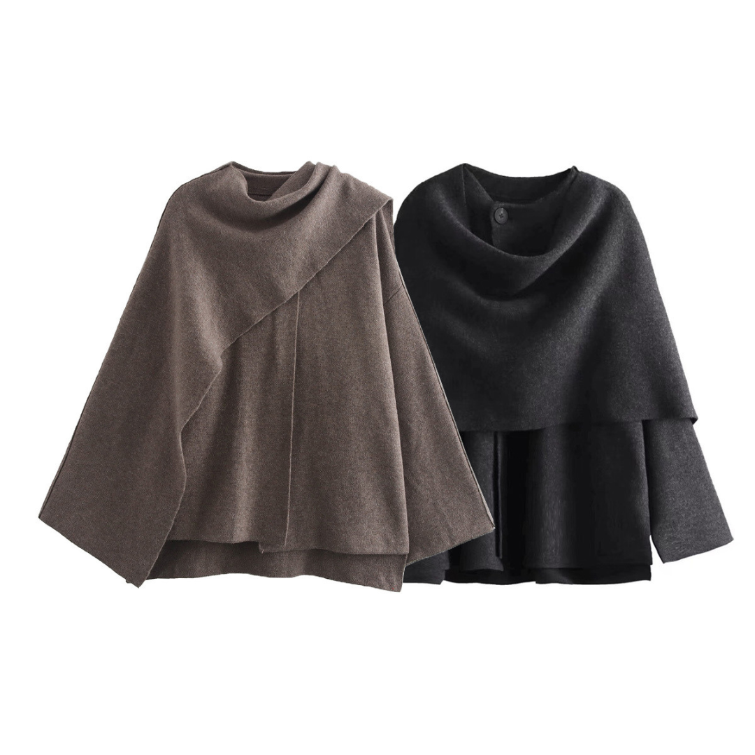 Zaida | Women's Stylish Coat with Asymmetric Design, Built-In Scarf Collar & Buttoned Closure