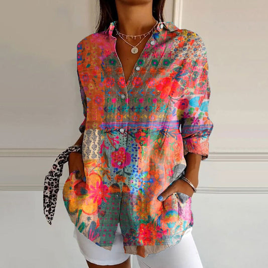 Kate | Women’s Multicolour Floral Print Buttoned Long Sleeve Summer Boho Blouse