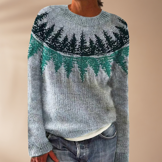 Frederica | Women's Grey Round Neck Sweater with Retro Print – Stylish, Warm, and Comfortable