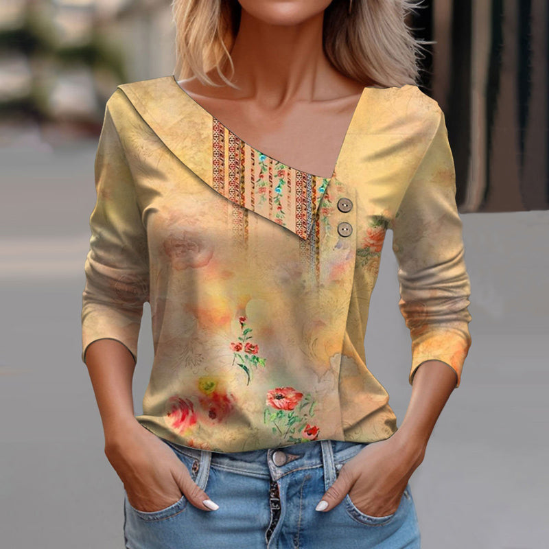 Raisa | Women's Vintage Floral Blouse with Asymmetric Collar – Stylish & Elegant