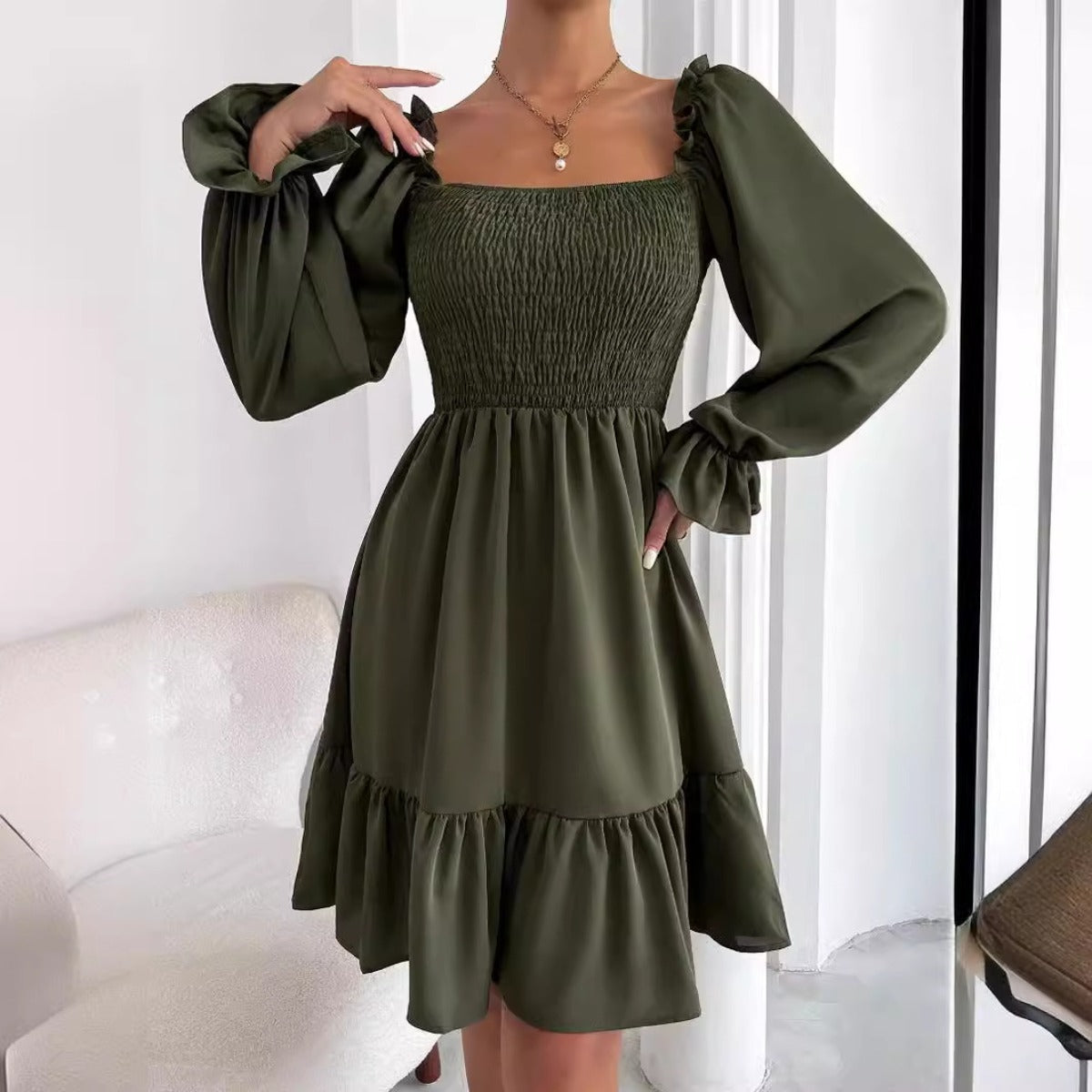 Sibylla | Women’s Solid Colour Square Neck Pleated Mini Dress with Bishop Sleeves & Ruffled Hem