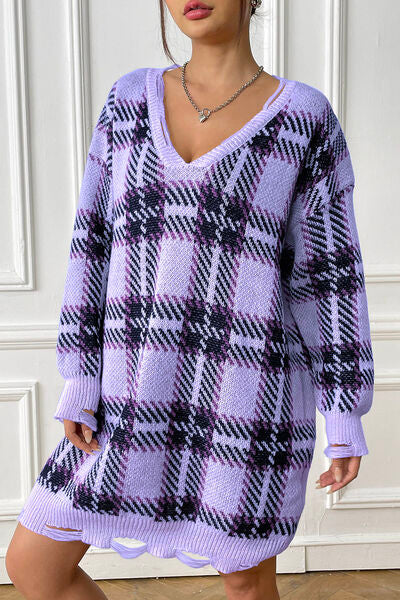 Quindra | Long Knit Sweater with Check Pattern and Relaxed Fit