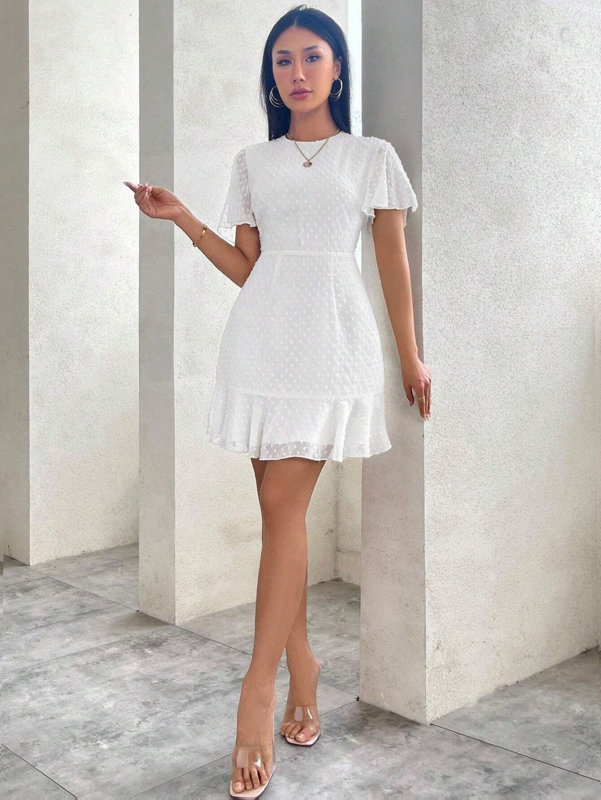 Tavina | Women's Polka Dot Ruffle Trim Mini Dress with Round Neck & Short Sleeves