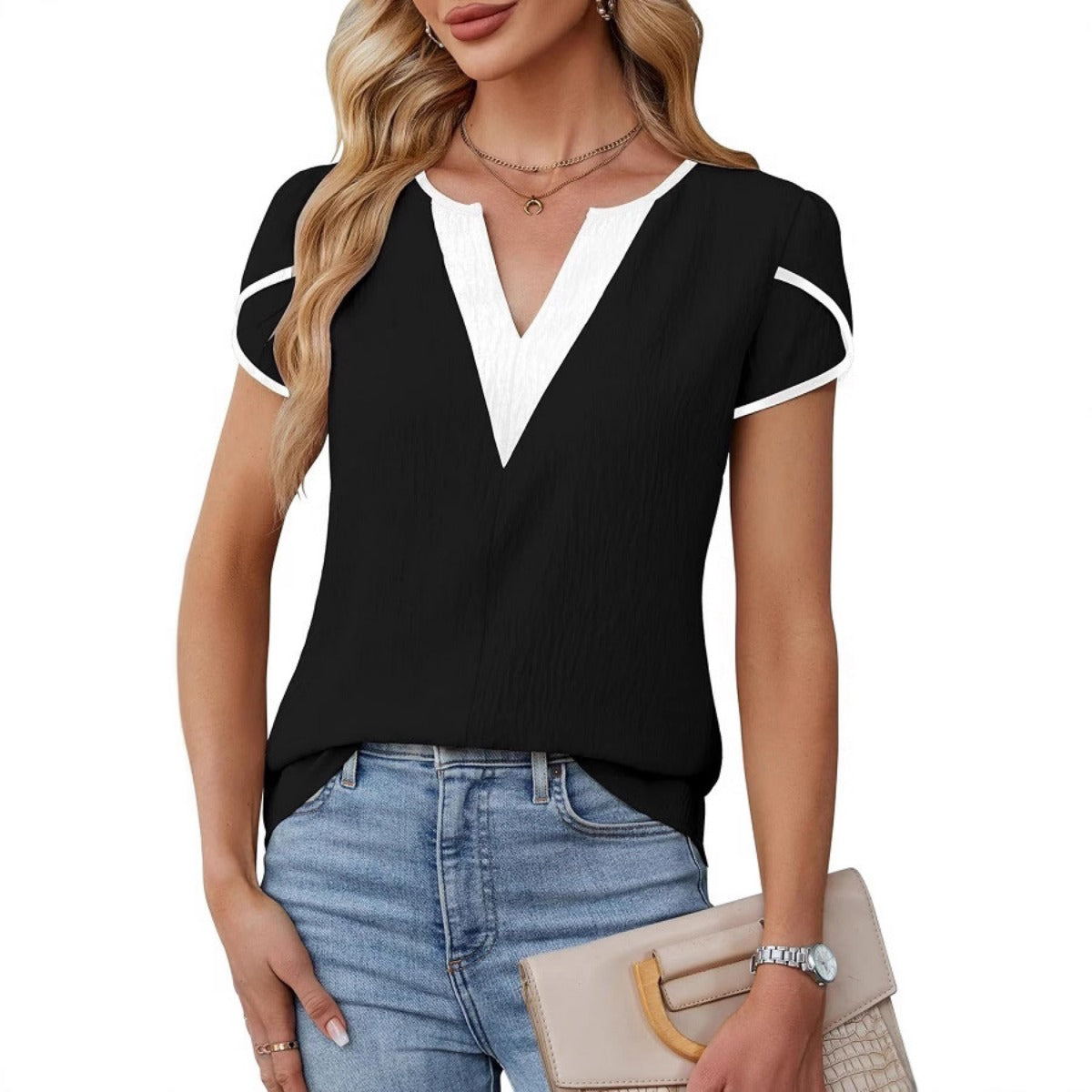 Telyn | Women’s Two-Tone Petal Sleeve V-Neck Summer Blouse – Lightweight & Elegant Casual Top