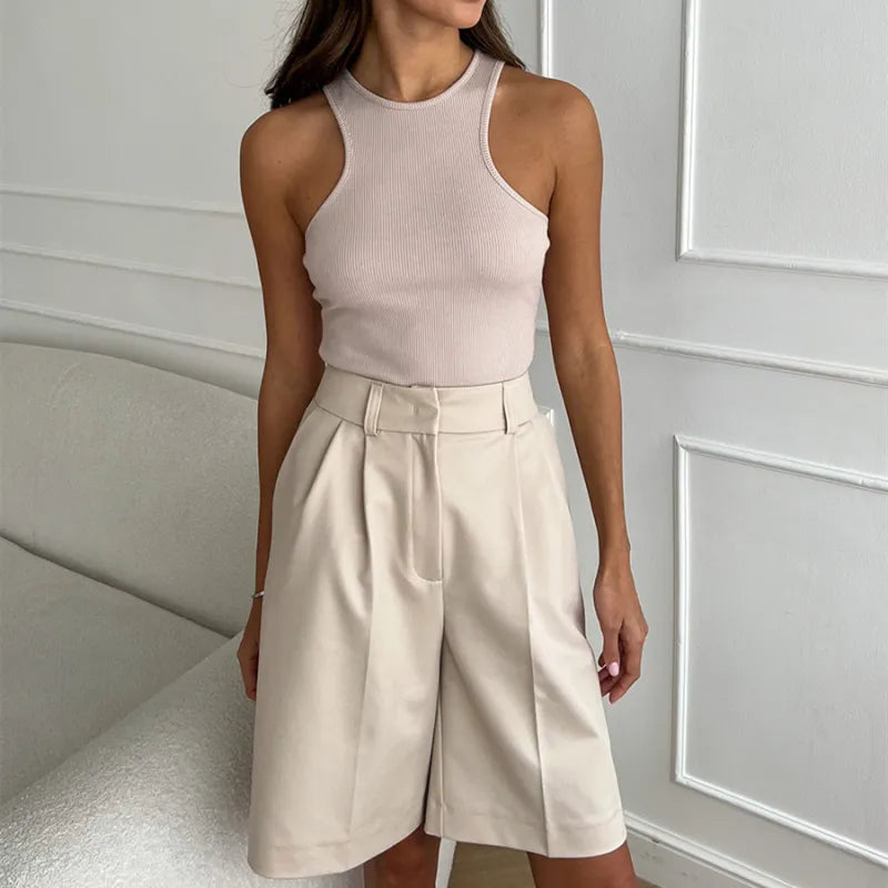 Roswyn | Women’s High Waisted Beige Wide Leg Knee-Length Shorts