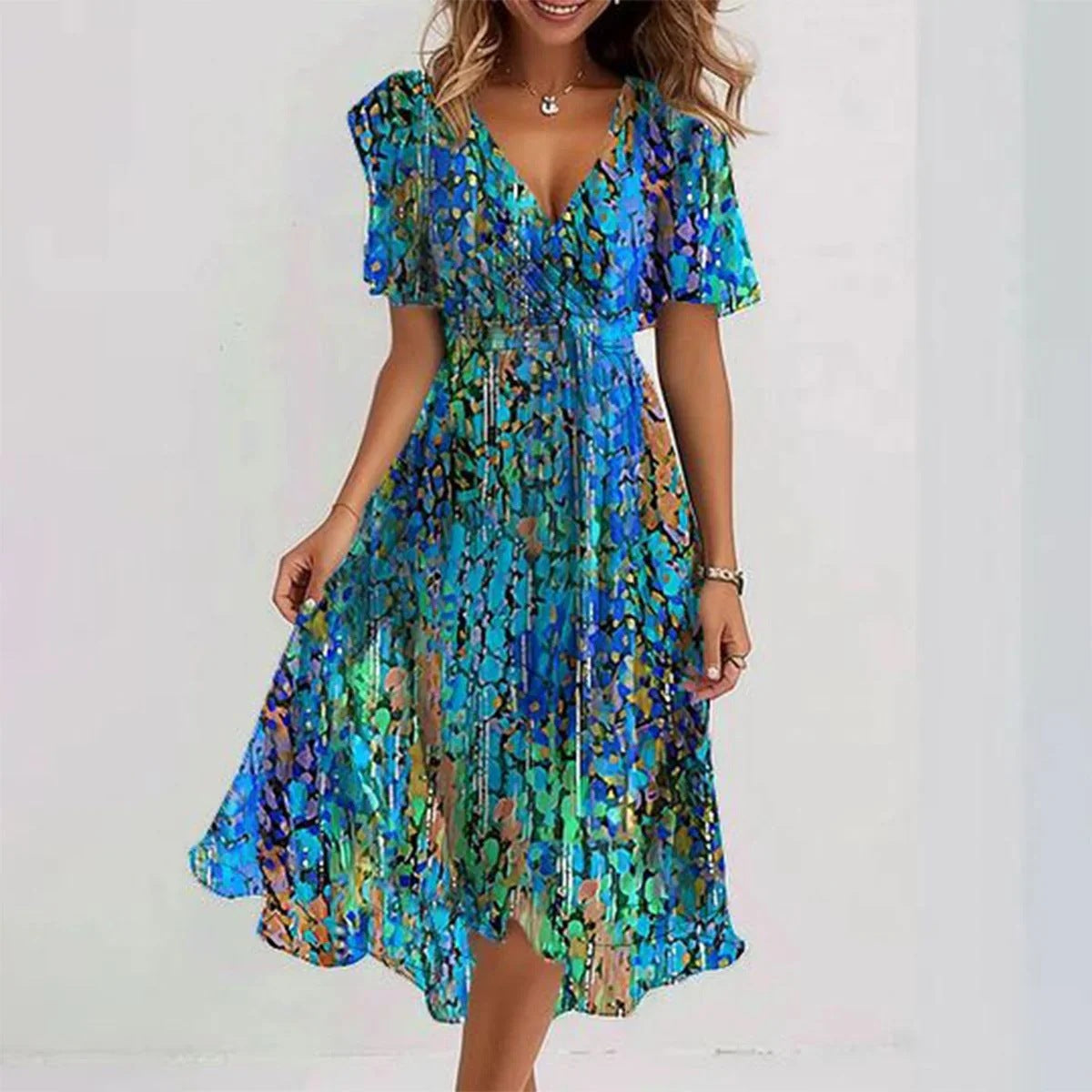 Eliza | Women's Floral Deep V-Neck Cinched Waist Chiffon Midi Dress for Summer