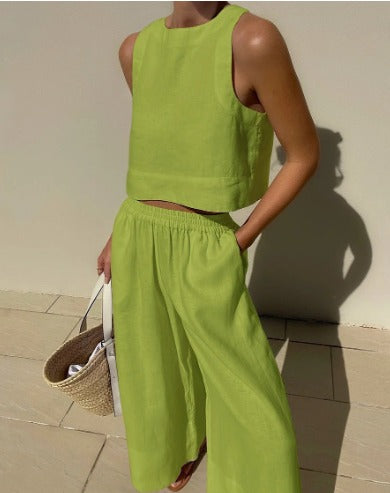 Fiora | Women's Linen Two-Piece Set – Sleeveless Cropped Top & Wide-Leg Trousers for a Breezy Summer Look