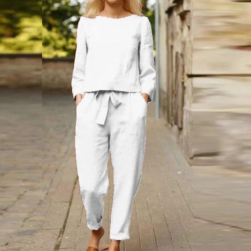 Eden | Women's Comfortable Linen Set | Solid Colour Long Sleeve Blouse with High-Waist Drawstring Belt Pants