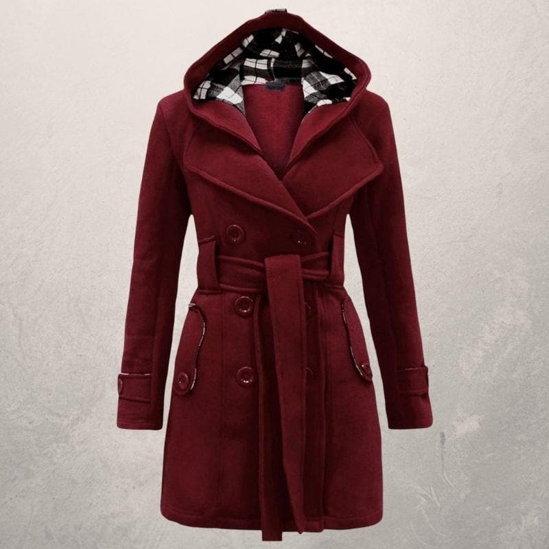 Jehanna | Women's Cotton Trench Coat with Belt and Hood – Double-Breasted Slim Fit Winter Coat