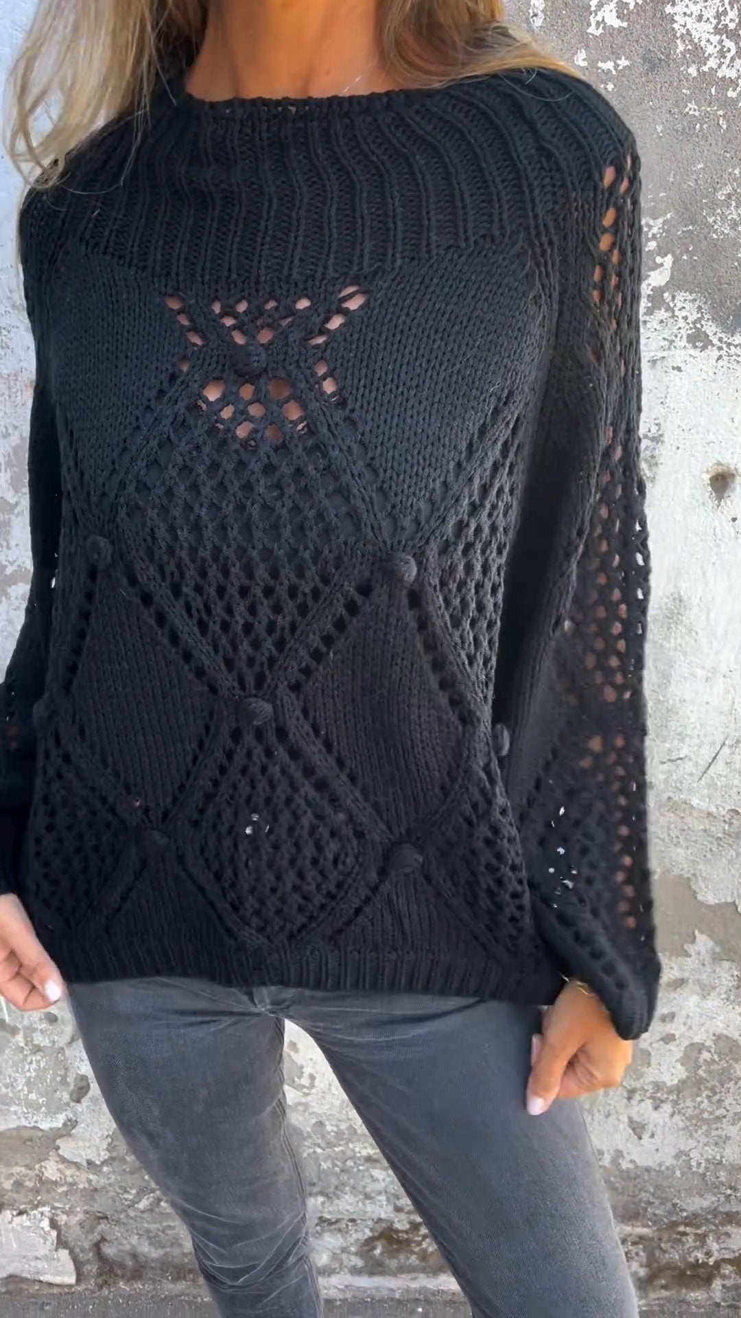Ealhswith | Women’s Round Neck Knitted Top with Hollow Detailing