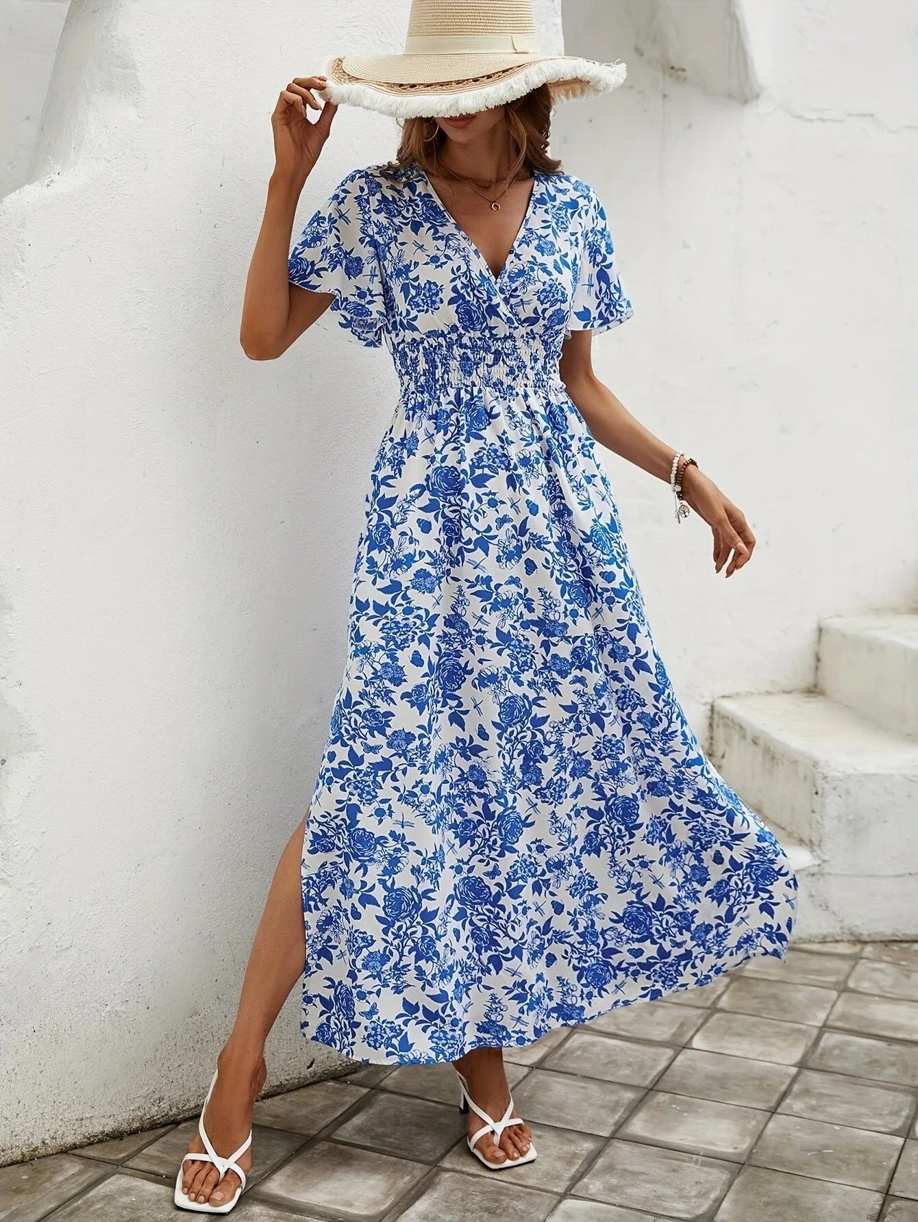 Marlowe | Floral Maxi Dress with V-Neck, Cinched Waist & Side Slit – Boho Elegance for Summer Days