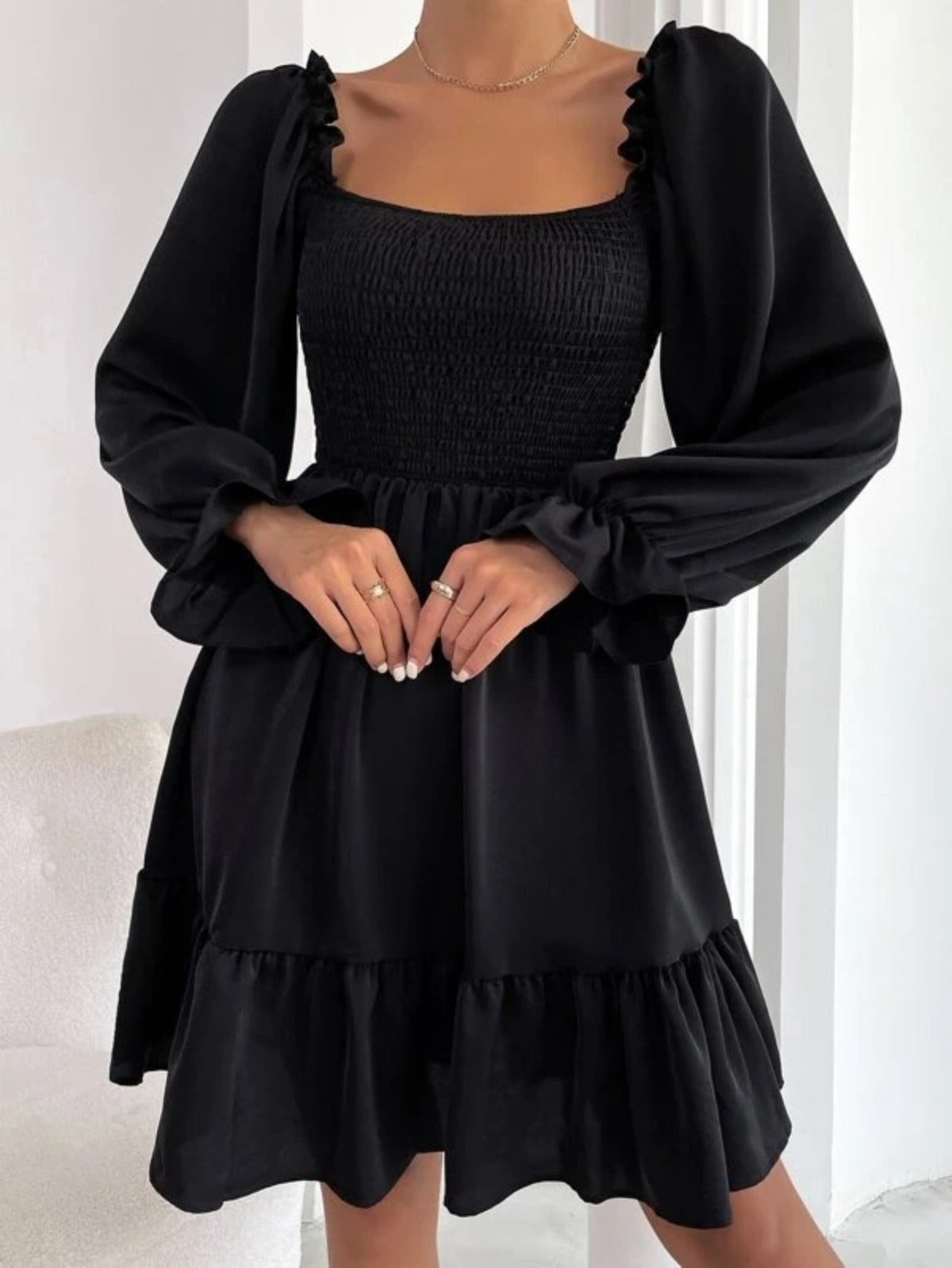 Sibylla | Women’s Solid Colour Square Neck Pleated Mini Dress with Bishop Sleeves & Ruffled Hem