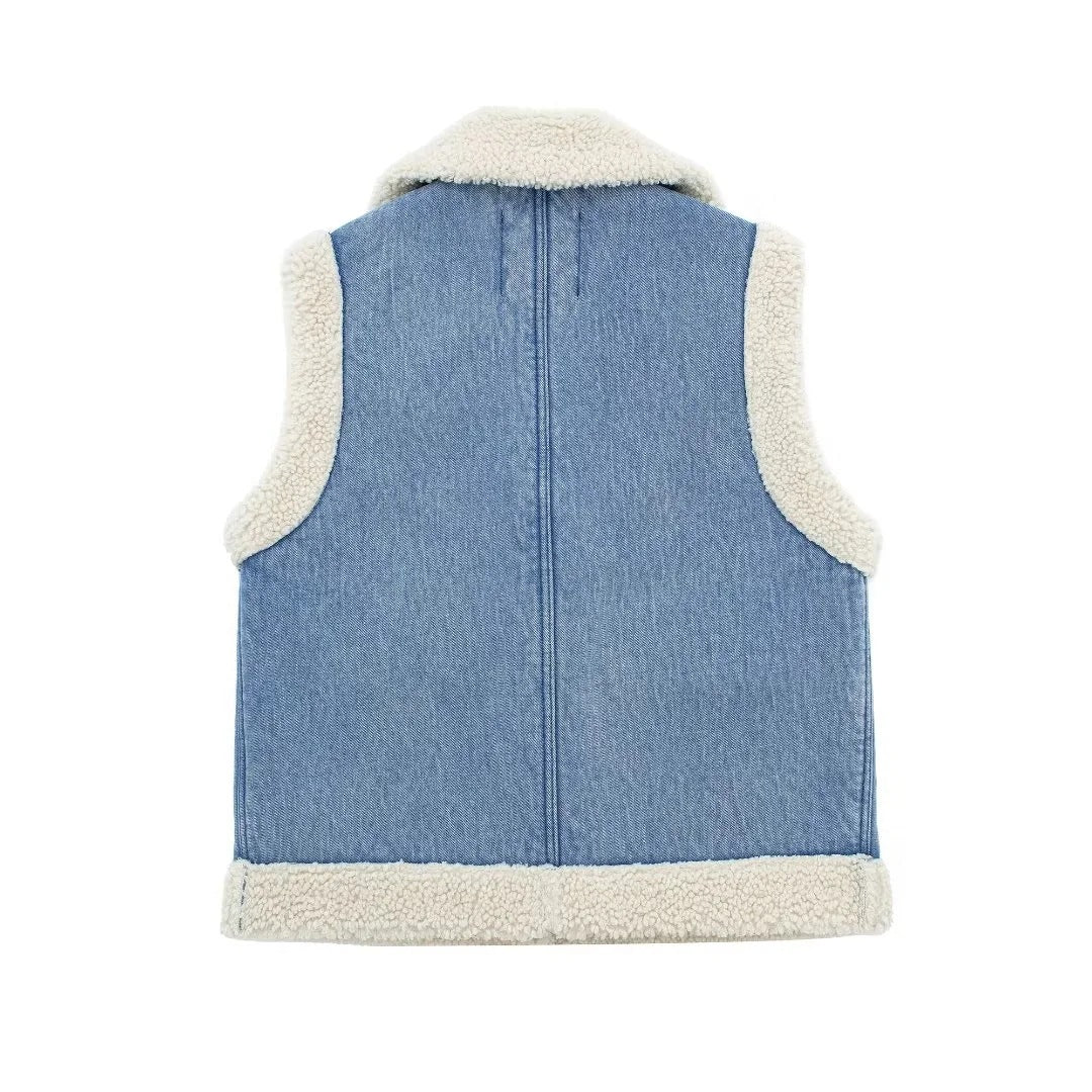 Helmina | Women’s Sleeveless Denim Patchwork Blazer – Fleece Lined, Stylish with Functional Pockets