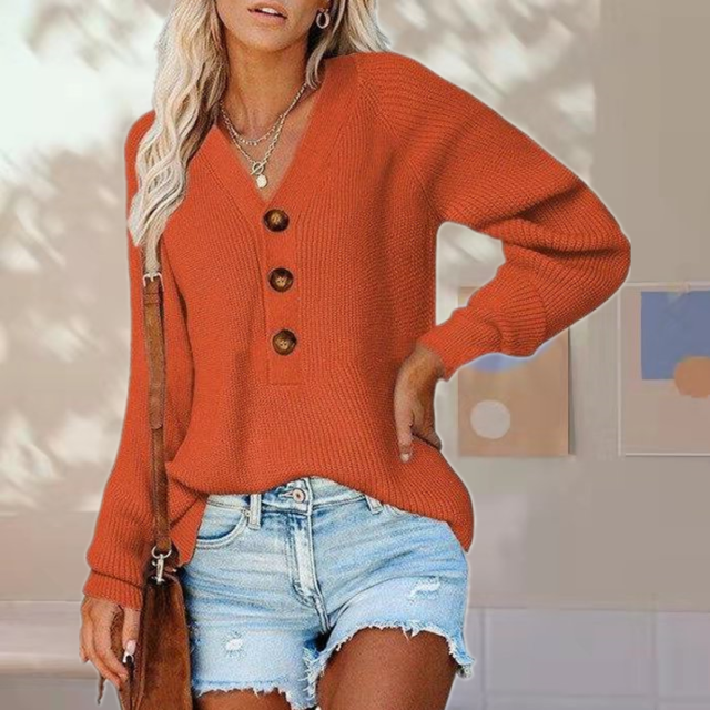 Andrea | Women’s Solid Colour V-Neck Partial Buttoned Sweater