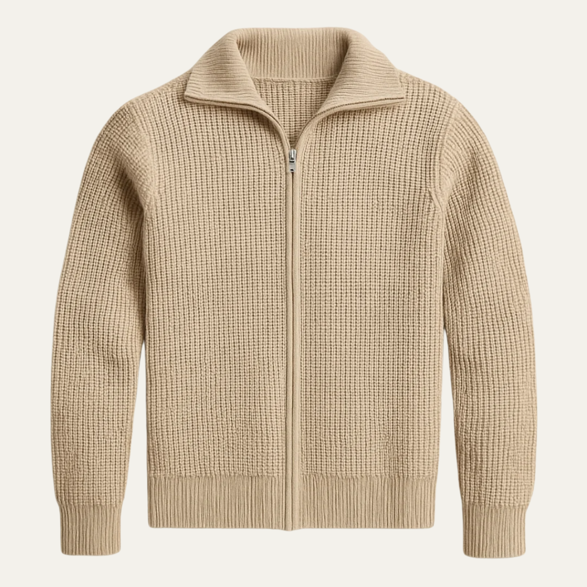 The Lisbon Men’s Knitted Full Zip Merino Wool Cardigan – Beige