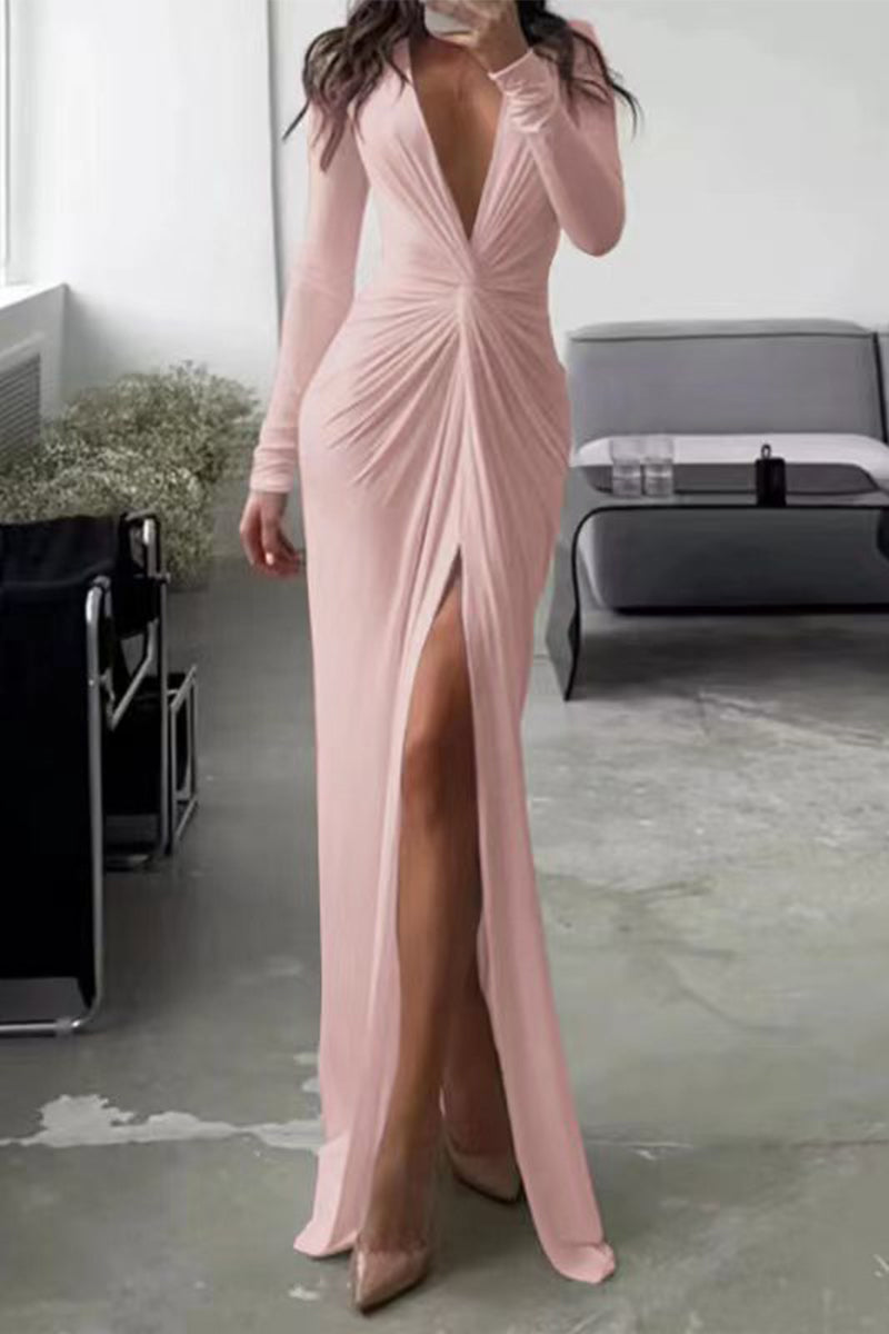 Indi | Elegant Deep V-Neck Bodycon Maxi Dress with High Slit & Cinched Waist